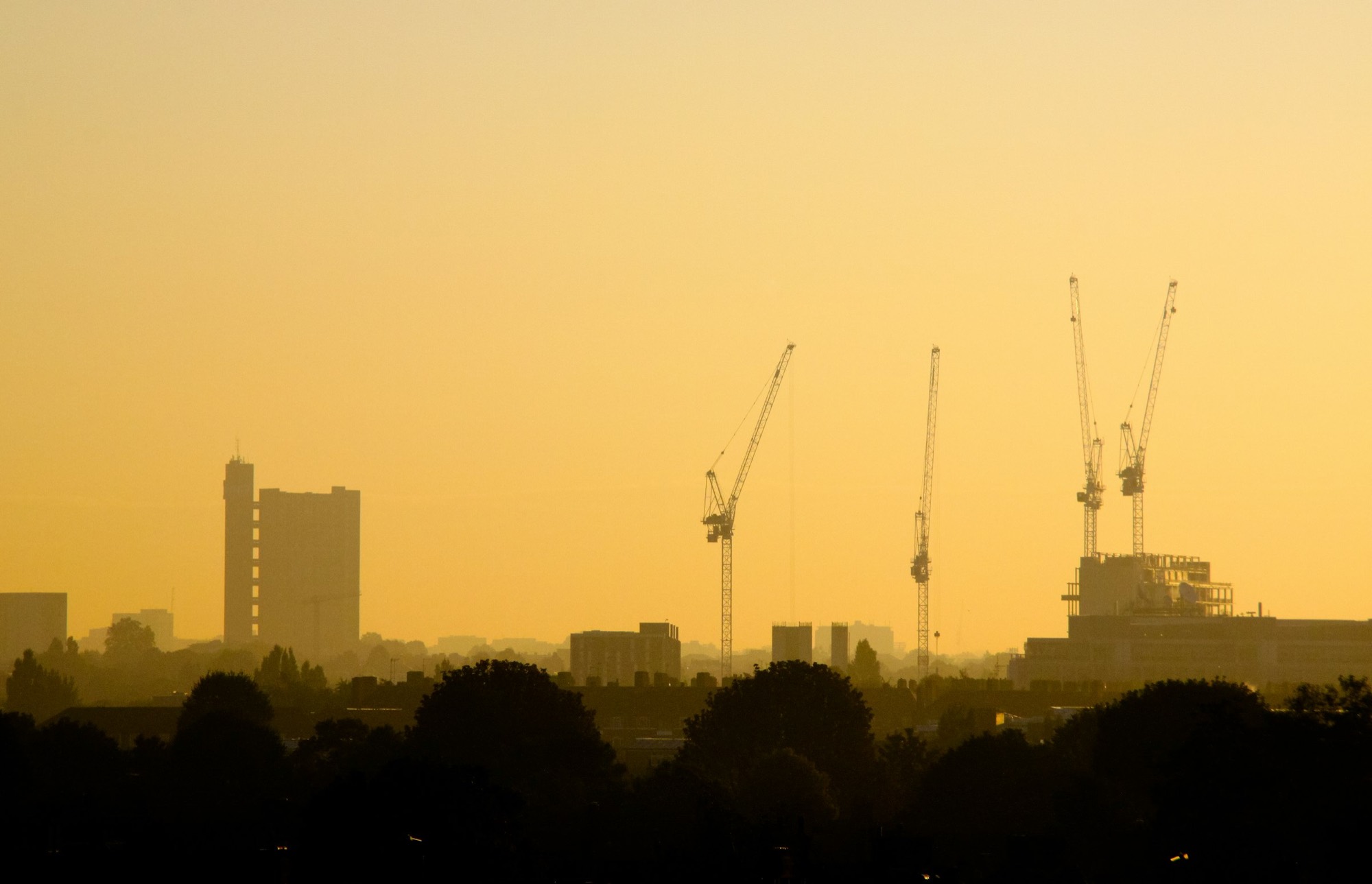 Tower cranes over a city skyline in a golden haze